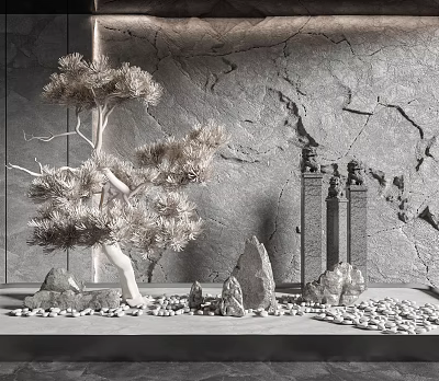 Artistic Garden Decor Display With Pine Tree Decorative Stones And Stone Wall Background 3d model