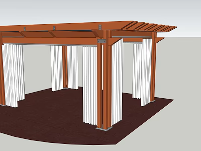 Garden Landscape Featuring Wooden Pergola With White Curtains And Dark Flooring 3d model