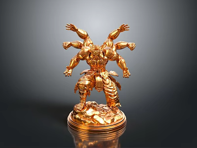 Golden Multi Armed Muscular Character Statue With Mythical Creature Design And Detailed Base 3d model