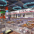 Modern Roadway Restaurant Interior With Neon Lights Vintage Posters Dining Tables And Food