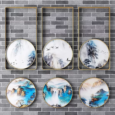 Circular Framed Chinese Landscape Paintings With Golden Frames Mountains And Birds On Brick Wall 3d model