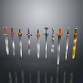 Various Colored And Designed Swords Arranged In A Row With Gray Gradient Background And Reflections