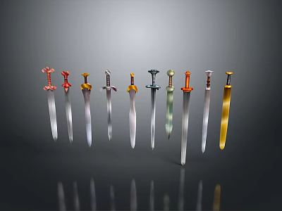 Various Colored And Designed Swords Arranged In A Row With Gray Gradient Background And Reflections 3d model
