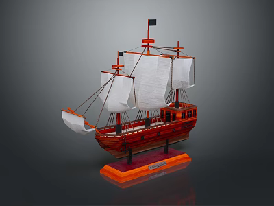 Decorative Wooden Sailboat Model with White Sails Red Hull Black Flag on Orange Base 3d model
