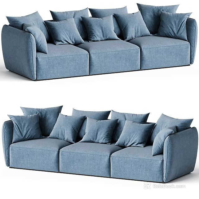 Modern Blue Fabric Three Seater Sofa With Multiple Soft Plush Cushions 3d model