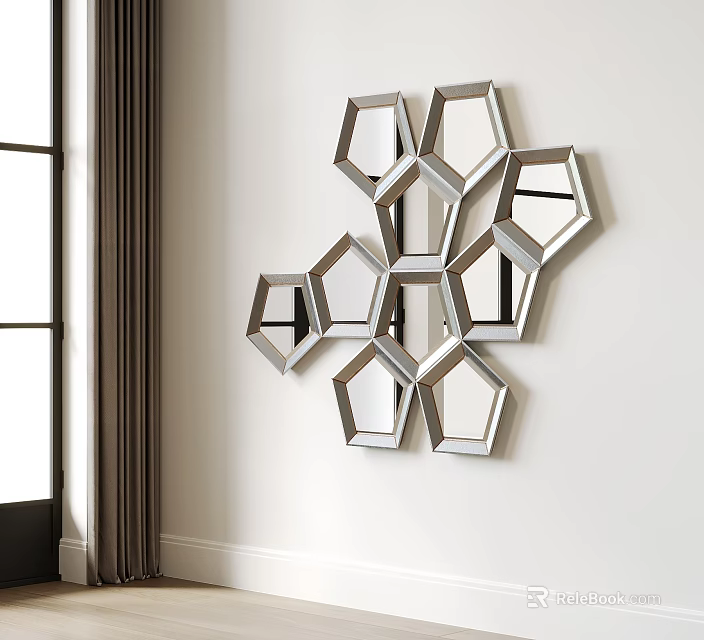 Modern Interior Wall Decor With Hexagonal Mirrors In Geometric Silver Frame Design 3d model