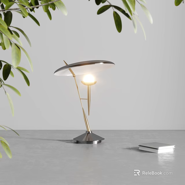 Modern Minimalist Table Lamp With Golden Pole Curved Shade Warm Glowing Light And Green Leaves 3d model 