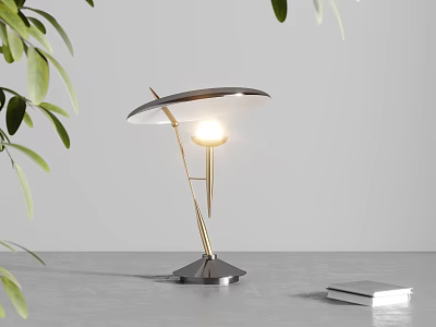 Modern Minimalist Table Lamp With Golden Pole Curved Shade Warm Glowing Light And Green Leaves 3d model