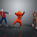 Halloween Characters In Different Costumes Dancing With Pumpkin And Mummy Outfits