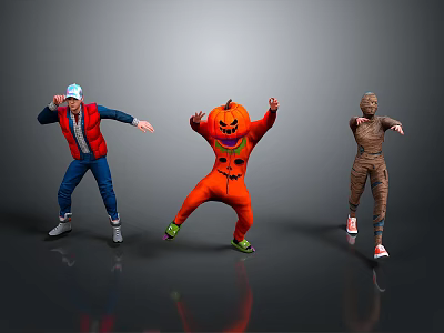 Halloween Characters In Different Costumes Dancing With Pumpkin And Mummy Outfits 3d model