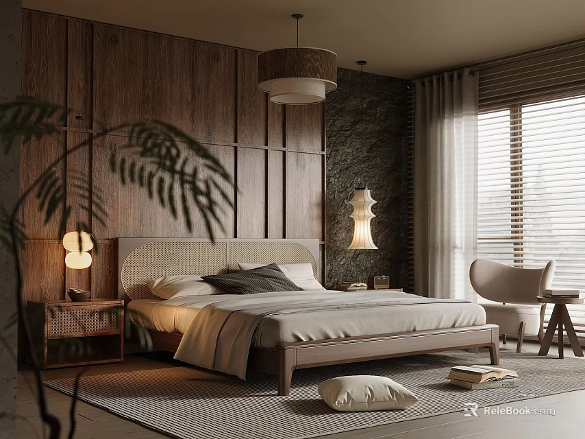Natural Modern Bedroom Interior With Wooden Panel Walls Stone Accent Wall And Cozy Bed 3d model 