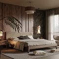 Natural Modern Bedroom Interior With Wooden Panel Walls Stone Accent Wall And Cozy Bed