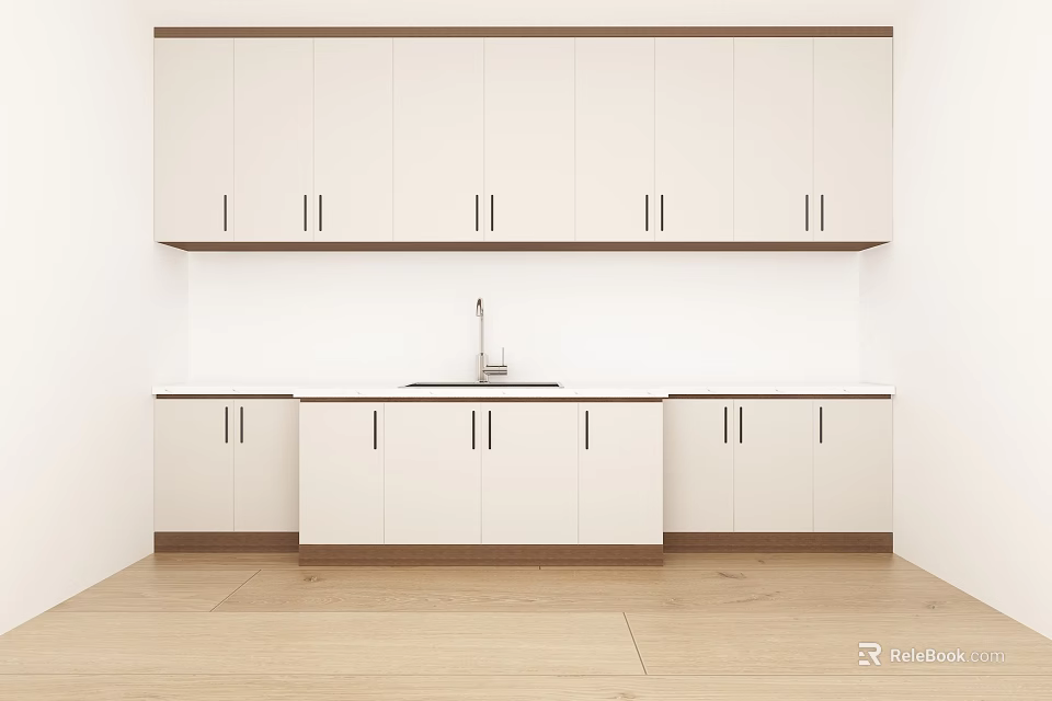 Modern Kitchen With White Upper And Lower Cabinets White Countertop Sink Faucet And Wooden Floor 3d model 