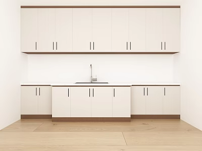 Modern Kitchen With White Upper And Lower Cabinets White Countertop Sink Faucet And Wooden Floor 3d model