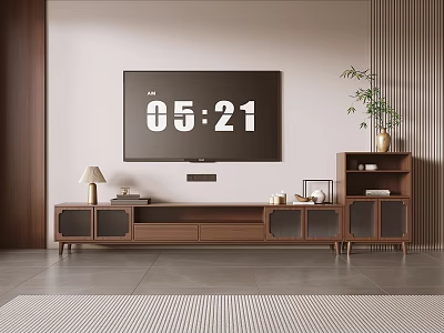 Modern TV Stand With TV Table Lamp Decorative Items And Green Plant 3d model