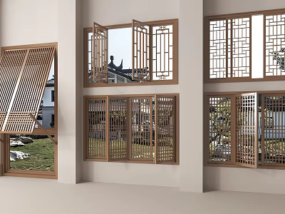 Chinese Style Wooden Casement Windows With Lattice Design And Exterior Greenery View 3d model