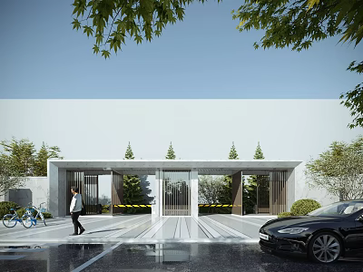 Modern Entrance Gate With Trees Black Car Paved Driveway And Person Walking Bicycles 3d model