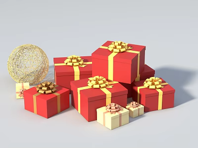 Floral Display Featuring Red Gift Boxes Golden Bows And Golden Woven Ball 3d model
