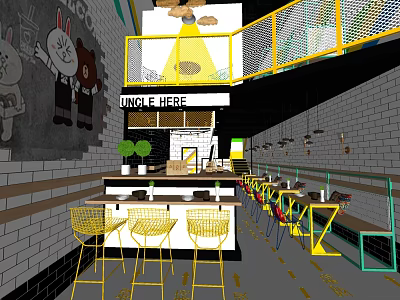 Cozy Milk Tea Shop Interior With Uncle Here Sign Cartoon Decor And Yellow Chairs 3d model