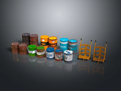 Assorted Colored Industrial Drums And Two Yellow Metal Storage Racks 3d model