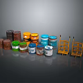 Assorted Colored Industrial Drums And Two Yellow Metal Storage Racks
