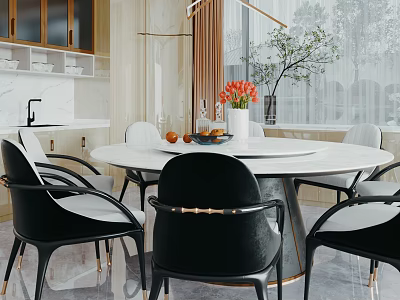 Elegant Modern Dining Room Interior With Round Table Black Leather Chairs And Gold Accents 3d model