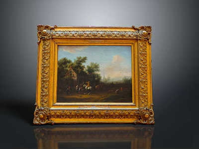Classical Golden Carved Frame With Rural Landscape Oil Painting Houses Trees And Figures 3d model
