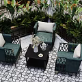 Traditional Courtyard Garden Landscape with Arched Doors Windows Hanging Vines Green Plants Large Ceramic Jar