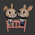 Cute Cartoon Rabbits Sitting On Pink Bench Wearing Blue Overalls With Adorable Expressions