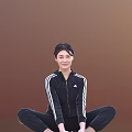 Woman In Black Tracksuit With White Stripes Sitting On Floor With Brown Background