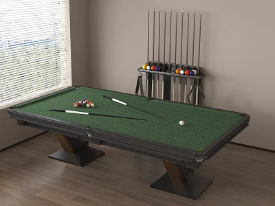 Entertainment Billiard Table Featuring Green Felt Surface Balls Cues And Cue Rack Near Window 3d model
