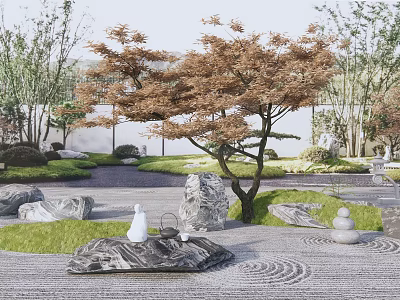 Serene Courtyard Garden With Brown Maple Tree Rocks And Zen Landscaping 3d model