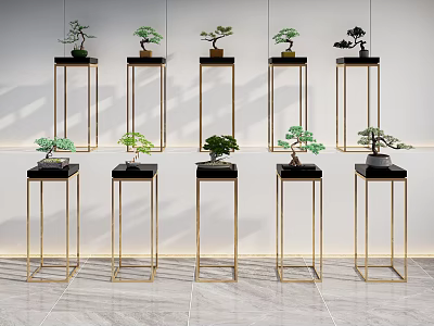 Golden Metal Plant Stands With Bonsai Plants In Modern Interior Design 3d model
