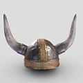 Vintage Viking Warrior Helmet Featuring Large Curved Horns Metallic Finish And Ornate Golden Band