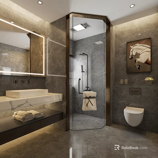 Luxurious Hotel Bathroom Interior With Marble Walls Frameless Shower Backlit Mirror And Wall Mounted Sink 3d model 