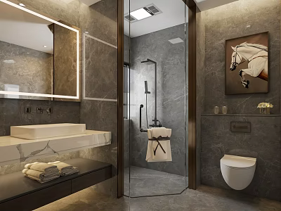Luxurious Hotel Bathroom Interior With Marble Walls Frameless Shower Backlit Mirror And Wall Mounted Sink 3d model