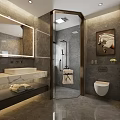 Luxurious Hotel Bathroom Interior With Marble Walls Frameless Shower Backlit Mirror And Wall Mounted Sink