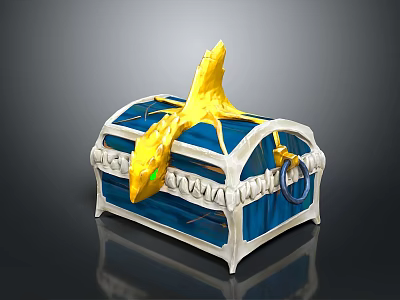 Blue Treasure Chest With Yellow Dragon Ornament And White Trim Details 3d model