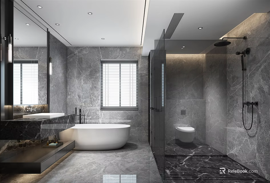 Modern Bathroom with Gray Marble Walls Floors White Bathtub Glass Shower Toilet Double Sink Vanity 3d model 