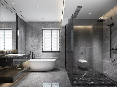 Modern Bathroom with Gray Marble Walls Floors White Bathtub Glass Shower Toilet Double Sink Vanity 3d model