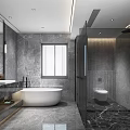 Modern Bathroom with Gray Marble Walls Floors White Bathtub Glass Shower Toilet Double Sink Vanity