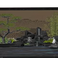 Garden Ornamental Setup With Shaped Pine Tree Rockery Small Waterfall Pond And White Bird Sculpture