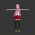 Game Movie Character With Pink Long Hair White Top Red Skirt Black Stockings And Yellow Shoes