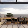 Roof Garden Relaxation Space with Wooden Deck Dining Table Chairs Glass Pergola and Potted Plants