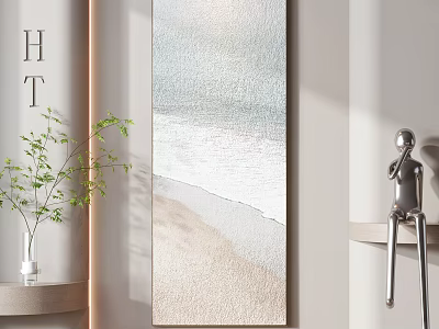 Modern Interior Decor With Vertical Beach Wave Painting Green Plant And Silver Sculpture 3d model