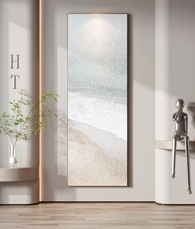 Modern Interior Decor With Vertical Beach Wave Painting Green Plant And Silver Sculpture 3d model