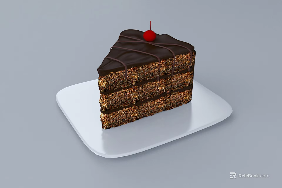 Delicious Layered Chocolate Cake With Chocolate Frosting And Cherry On White Plate 3d model 