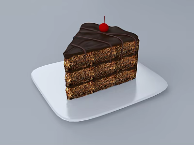 Delicious Layered Chocolate Cake With Chocolate Frosting And Cherry On White Plate 3d model