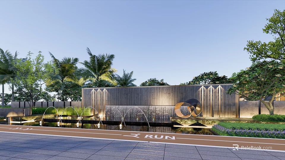 Elegant Wooden Feature Wall With Water Fountains And Palm Trees In Landscaped Area 3d model 