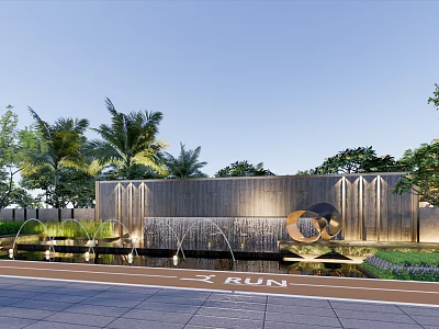 Elegant Wooden Feature Wall With Water Fountains And Palm Trees In Landscaped Area 3d model